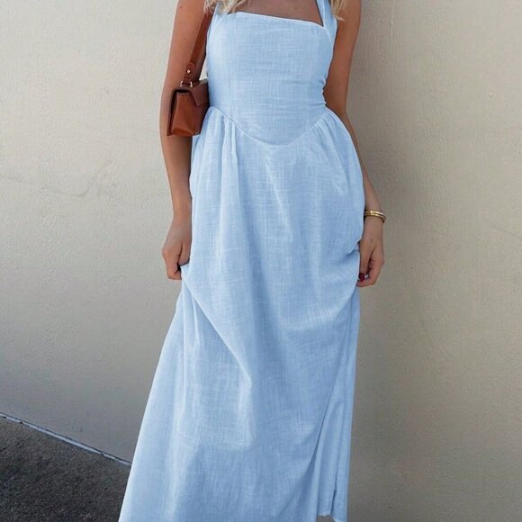 Blue Casual Women's Vacation Hanging Neck Elegant Long Dress - Picture 9 of 11